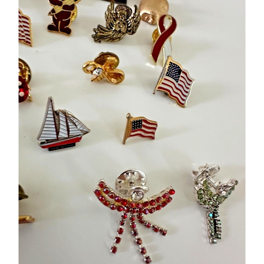 Pin Lot USA Flag Angel Horse ladybug Bear Sailboat Apple heart Set of 20 - Picture 5 of 8
